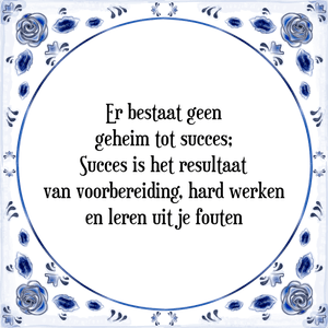 Spreuk Er bestaat geen
geheim tot succes;
Succes is het resultaat
van voorbereiding, hard werken
en leren uit je fouten