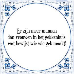 Spreuk Er zijn meer mannen
dan vrouwen in het gekkenhuis,
wat bewijst wie wie gek maakt!