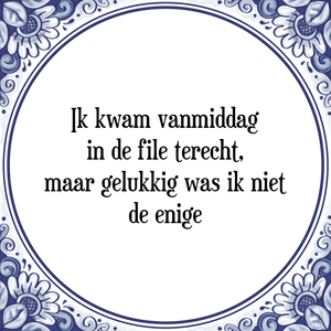 Spreuk Ik kwam vanmiddag
in de file terecht,
maar gelukkig was ik niet
de enige