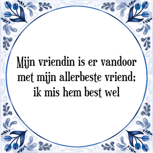 Spreuk Mijn vriendin is er vandoor
met mijn allerbeste vriend;
ik mis hem best wel