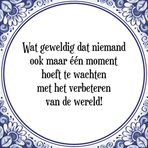 Spreuk Wat geweldig dat niemand
ook maar één moment
hoeft te wachten
met het verbeteren
van de wereld!