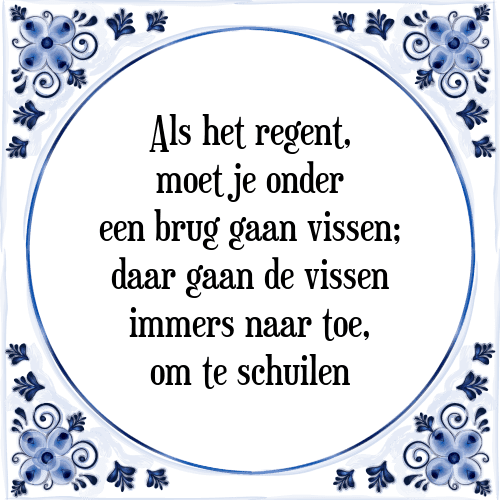 Als het regent, moet je onder een brug gaan vissen; daar gaan de vissen immers naar toe, om te schuilen - Tegeltje met Spreuk