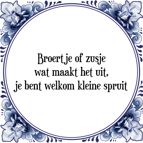 Broertje of zusje wat maakt het uit, je bent welkom kleine spruit - Tegeltje met Spreuk