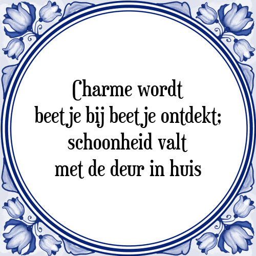 Charme wordt beetje bij beetje ontdekt; schoonheid valt met de deur in huis - Tegeltje met Spreuk