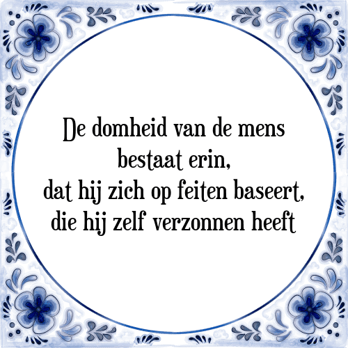 De domheid van de mens bestaat erin, dat hij zich op feiten baseert, die hij zelf verzonnen heeft - Tegeltje met Spreuk