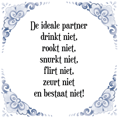 De ideale partner drinkt niet, rookt niet, snurkt niet, flirt niet, zeurt niet en bestaat niet! - Tegeltje met Spreuk