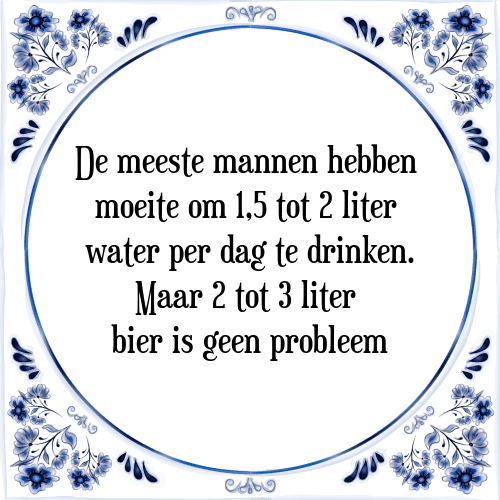 De meeste mannen hebben moeite om 1,5 tot 2 liter water per dag te drinken. Maar 2 tot 3 liter bier is geen probleem - Tegeltje met Spreuk