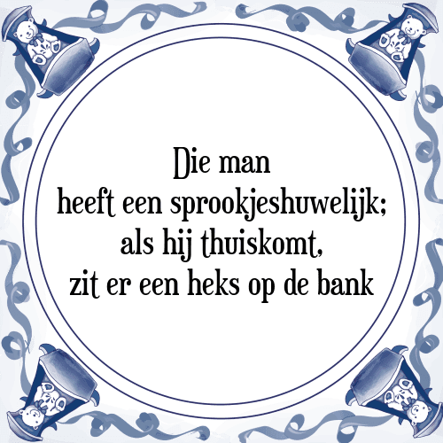 Die man heeft een sprookjeshuwelijk; als hij thuiskomt, zit er een heks op de bank - Tegeltje met Spreuk