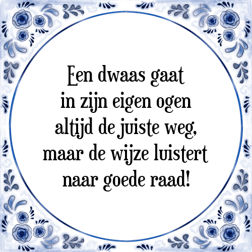 Een dwaas gaat in zijn eigen ogen altijd de juiste weg, maar de wijze luistert naar goede raad! - Tegeltje met Spreuk