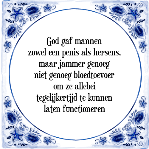 God gaf mannen zowel een penis als hersens, maar jammer genoeg niet genoeg bloedtoevoer om ze allebei tegelijkertijd te kunnen laten functioneren - Tegeltje met Spreuk