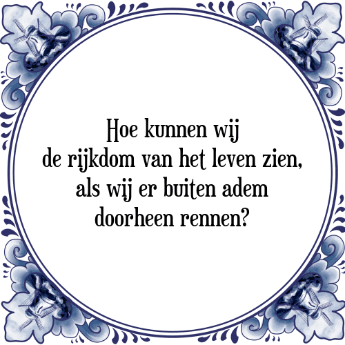 Hoe kunnen wij de rijkdom van het leven zien, als wij er buiten adem doorheen rennen? - Tegeltje met Spreuk