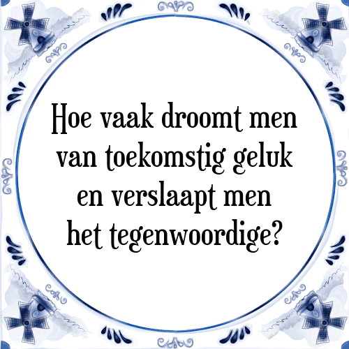 Hoe vaak droomt men van toekomstig geluk en verslaapt men het tegenwoordige? - Tegeltje met Spreuk