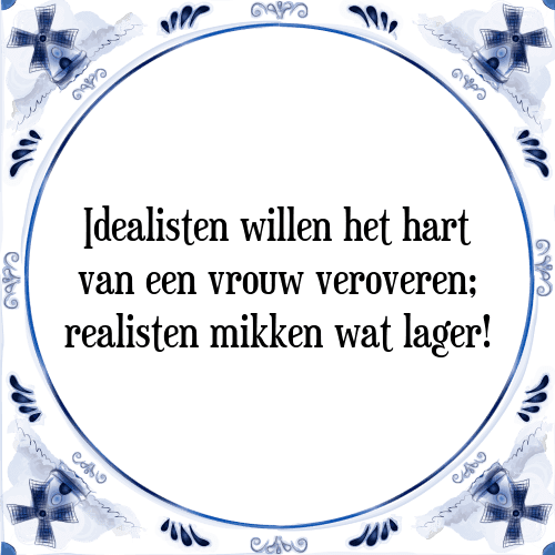 Idealisten willen het hart van een vrouw veroveren; realisten mikken wat lager! - Tegeltje met Spreuk