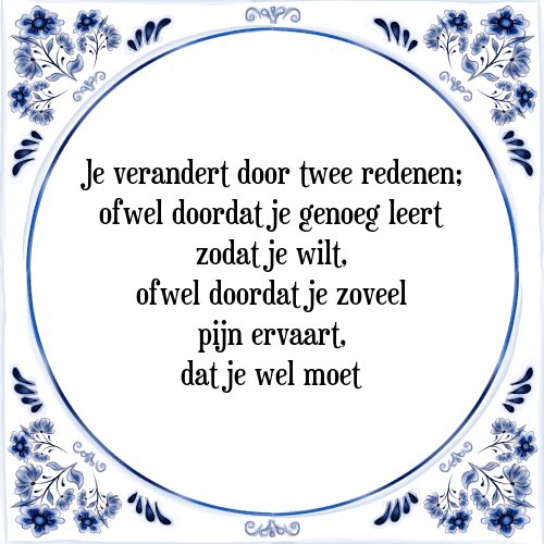 Je verandert door twee redenen; ofwel doordat je genoeg leert zodat je wilt, ofwel doordat je zoveel pijn ervaart, dat je wel moet - Tegeltje met Spreuk