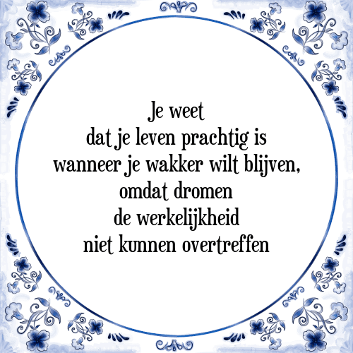 Je weet dat je leven prachtig is wanneer je wakker wilt blijven, omdat dromen de werkelijkheid niet kunnen overtreffen - Tegeltje met Spreuk