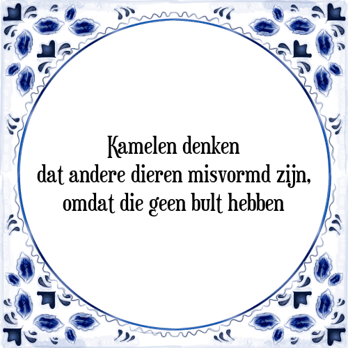 Kamelen denken dat andere dieren misvormd zijn, omdat zij geen bult hebben - Tegeltje met Spreuk