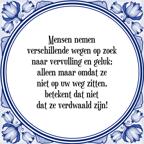 Mensen nemen verschillende wegen op zoek naar vervulling en geluk; alleen maar omdat ze niet op uw weg zitten, betekent dat niet dat ze verdwaald zijn! - Tegeltje met Spreuk