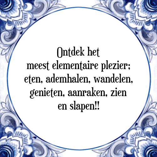 Ontdek het meest elementaire plezier; eten, ademhalen, wandelen, genieten, aanraken, zien en slapen!! - Tegeltje met Spreuk