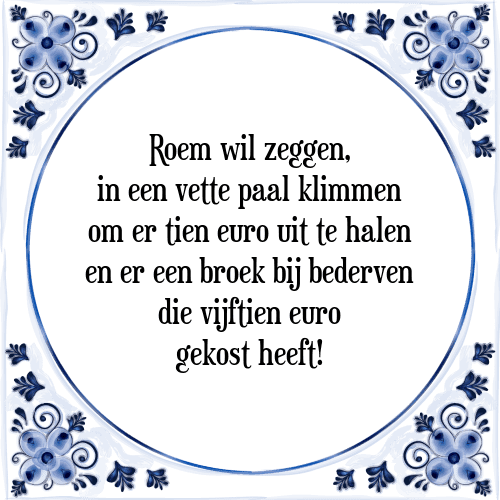 Roem wil zeggen, in een vette paal klimmen om er tien euro uit te halen en er een broek bij bederven die vijftien euro gekost heeft! - Tegeltje met Spreuk