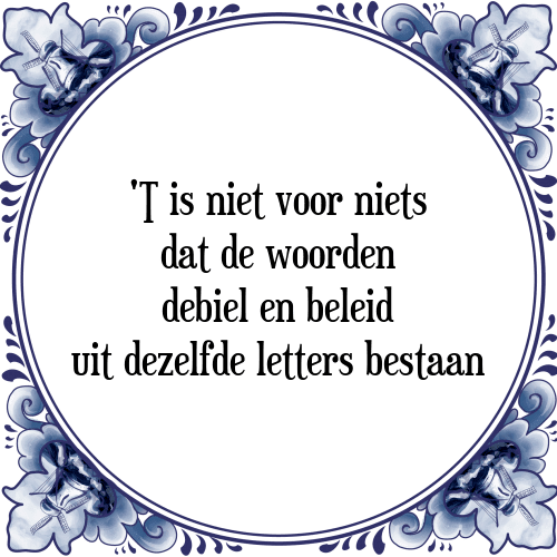 'T is niet voor niets dat de woorden debiel en beleid uit dezelfde letters bestaan - Tegeltje met Spreuk