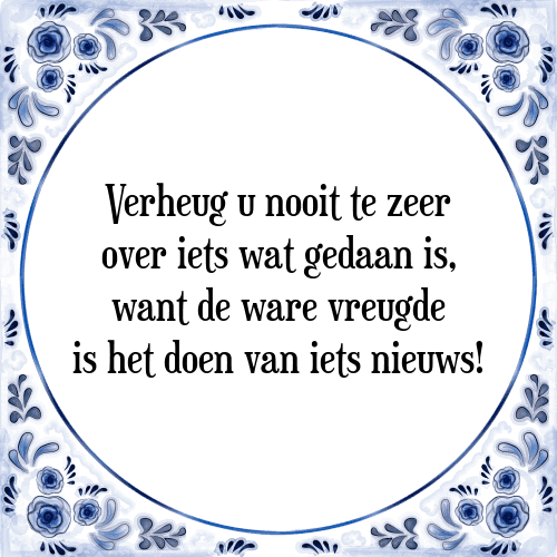 Verheug u nooit te zeer over iets wat gedaan is, want de ware vreugde is het doen van iets nieuws! - Tegeltje met Spreuk