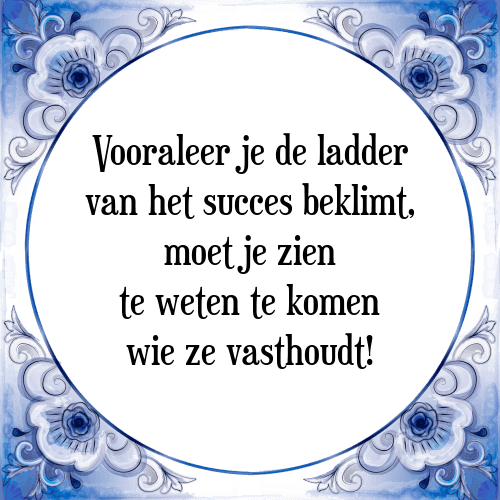 Vooraleer je de ladder van het succes beklimt, moet je zien te weten te komen wie ze vasthoudt! - Tegeltje met Spreuk