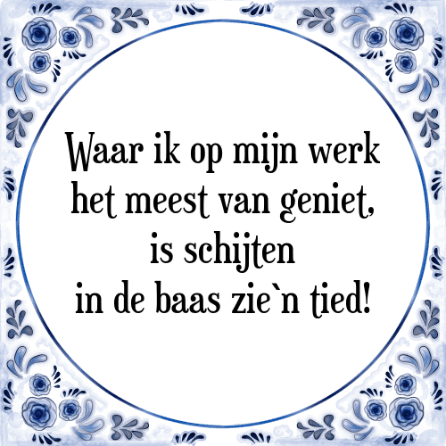 Waar ik op mijn werk het meest van geniet, is schijten in de baas zie`n tied! - Tegeltje met Spreuk