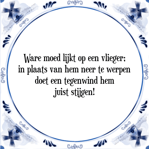 Ware moed lijkt op een vlieger; in plaats van hem neer te werpen doet een tegenwind hem juist stijgen! - Tegeltje met Spreuk