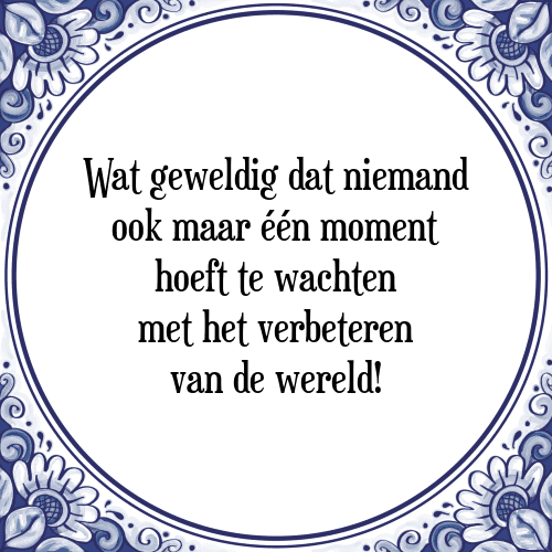 Wat geweldig dat niemand ook maar één moment hoeft te wachten met het verbeteren van de wereld! - Tegeltje met Spreuk