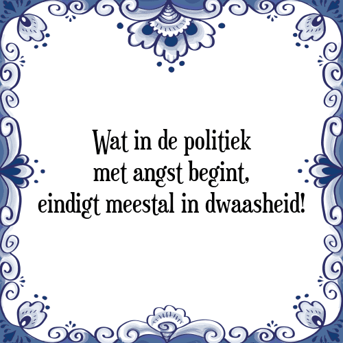 Wat in de politiek met angst begint, eindigt meestal in dwaasheid! - Tegeltje met Spreuk