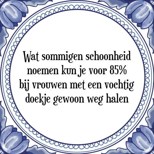 Wat sommigen schoonheid noemen kun je voor 85% bij vrouwen met een vochtig doekje gewoon weg halen - Tegeltje met Spreuk