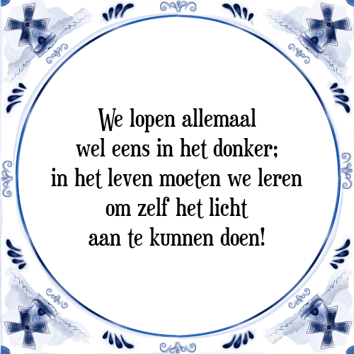 We lopen allemaal wel eens in het donker; in het leven moeten we leren om zelf het licht aan te kunnen doen! - Tegeltje met Spreuk