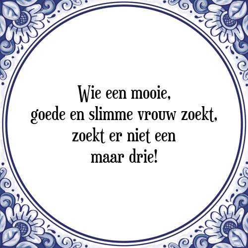 Wie een mooie, goede en slimme vrouw zoekt, zoekt er niet een maar drie! - Tegeltje met Spreuk