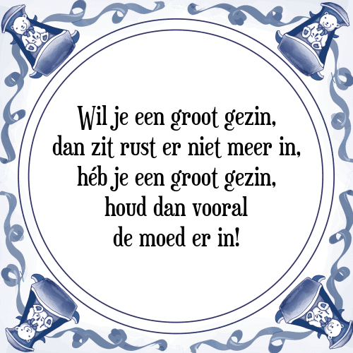 Wil je een groot gezin, dan zit rust er niet meer in, héb je een groot gezin, houd dan vooral de moed er in! - Tegeltje met Spreuk